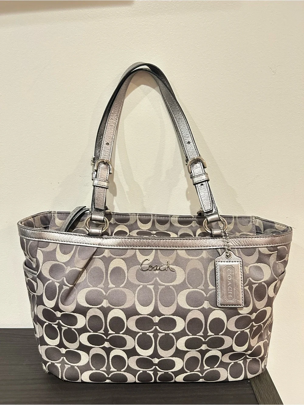 Coach  F17676 Gray Signature Jacquard East West Tote Bag w Metallic Leather Trim